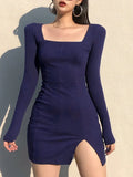 Black Knitted Ribbed Midi Dresses For Women V Neck Elegant Korean Clothes Long Sleeve Ruffles Bodycon Dresses