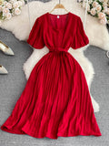 Vintage Pleated Midi Dress Women Green/Red/Blue Square Collar Puff Short Sleeve High Waist Draped Vestidos Female
