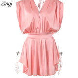 Deep V Neck Satin Dresses Women 2023 Spring Sexy Sleeveless Elegant Blue Robe Solid Backless Bodycon Mini Dress
