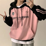 Vintage Logo Print Raglan Striped Sleeve Hoodie-Outfit