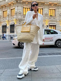 Women Solid One Button Wrinkled Blazer Suits Causal Oversized High Waist Wide Legs Pants Set Fashion Lady Street