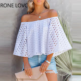 Women Off Shoulder Bell Sleeve Eyelet Embroidery Top Blouse Women Summer