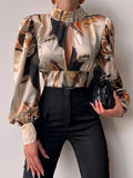 Standing Collar Long Sleeve Lantern Sleeve Backless Hollow Shirt In Spring and Summer Blouse Blouse Women Shirt and