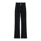 Zingj Waist Jeans Female Spring And Autumn New Slim Slim Straight Wide Leg Open Slit Micro Bell Pants-Outfit