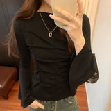 Style Simple Solid Color Flared Sleeve T-Shirt Women's Autumn And Winter New Style Chic Chic Thin