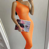 Zingj Slanting Shoulder Solid Color Knitted Dress Ins Xia Xian Slim Body Including Hip Middle Skirt Sleeveless