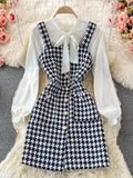 Women Two Piece Set 2023 Korean Fashion Bowtied Collar White Blouse And Spaghetti Strap Single Breasted Mini Tweed Dress