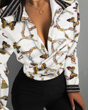 Zingj Wise Popular Autumn Loose Long Sleeve V Collar Print Women's Shirt Shirt
