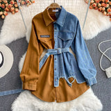 Zingj Spliced Corduroy Lapel Dress 2023 Autumn And Winter New Korean Version Waist Shows Thin Irregular Medium