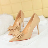 Zingj Korean Version Fashion Thin Heels, Silk, Shallow Pointed Bow Single High Heel Women's