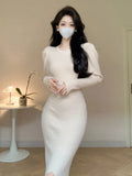 Zingj New Autumn And Winter Style High-Necked Bubble Sleeve Knitted Dress With Buttocks Temperament And A Medium-Length Dress With Forked