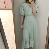 Women Elegant Casual Midi Dress Office Lady Puff Sleeve Pleated A-Line Dress 2022 Fashion