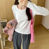 Color U-Collar Long-Sleeved T-Shirt Women's Early Autumn New Loose-Fitting Short Top Threaded Cotton Bottomed