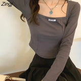 Sleeve T-shirts Women New Arrive Design Cropped Autumn Sexy Square Collar Solid Simple Inside All Match Ulzzang Daily