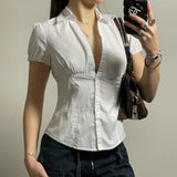 White Slim Waist Short Sleeve BlouseOutfit