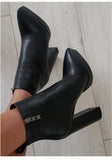 Onlymaker Women Ankle Boots Pointed Toe Black Matte Flock12CM Chunky Heel Platform Booties Party Shoes Large Size Short