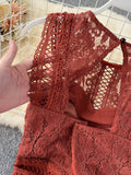 Women Hollow Out Lace Romper Female Black/Yellow/Red Round Neck Sleeveless High Waist Patchwork Wide Leg Jumpsuits