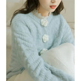 Blue Knitted Rose Buttoned Cardigan- Outfit