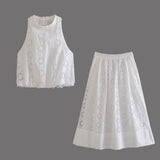 Summer Style Hollowed-Out Embroidered Sleeveless Blouse Loose Waist Embroidered Flute Skirt