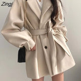Blends Women Winter Thick Cotton Medium Long Woolen Coats Chic Lantern Sleeve Elegant Sashes Slim Solid OL Stylish