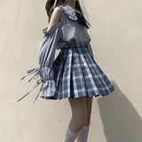 Women Shirts Off Shoulder Peter Pan Collar Sweet Lolita Style Lovely Solid Long Lantern Sleeve Bow Lace Up Female Leisure