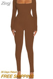 Women Yoga Jumpsuits Square Neck Long Sleeve Ribbed Jumpsuits High Waist Bodycon Sport Workout Long