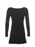 Black Knitted Ribbed Midi Dresses For Women V Neck Elegant Korean Clothes Long Sleeve Ruffles Bodycon Dresses