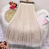 Both Sides Wear Pearls Mesh Skirt Women 2025 Summer Velvet High Waist Long Skirts Woman Solid Color A Line Pleated Skirts 211-1-Outfit