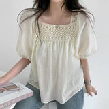 Crochet Square Collar Puff Sleeve BlouseOutfit