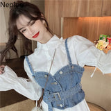 Korean Chic Suit Women 2 Piece Long Blouses Sets Puff Sleeve Turn-down Collar Tops Sashes Slim Cowboy Vest Two Piece