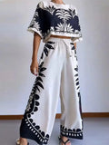 Printed Pants 2 Piece Sets Women Fashion O Neck Short Sleeved Cropped Tops And Wide Legs Pant Suits Lady Causal