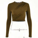 Solid Color Women Wrinkled Style Summer Crop Tops Female Long Sleeve T-shirt New Chic Club