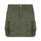 Y2K Grey Green Jeans Skirts Pockets Bandage Low Waisted Denim Mini Skirts Retro Zip Cute Pencil Skirts Women