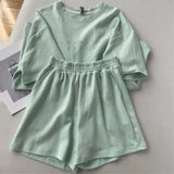 Two Piece Sets Oversized Women's Green Korean Letter Printing Short Sleeve T-shirt+Solid Casual Pants Jogging