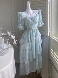 Chiffon Print Midi Dress for Women 2023 New Summer Elegent Party Blue Floral Vestidos Holiday Vintage Female