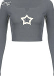 Harajuku Cute Star Embroidery Patched Long Sleeve Tee Shirts Basic Casual Crop Tops Aesthetic Autumn T shirts