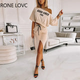 Women Chic Skew Collar Crop Top Letter Print Silt Drawstring Casual Skirt