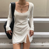 Autumn Spring Women Sexy Lace Patchwork Long Sleeve Split Dress Hip Package Mini Vestido Party Club Low Chest Outfits