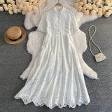 Zingj Version Dress Summer Lapel Hollowed-Out Embroidery Aging Bubble Sleeve Loose Medium And Long Bohemian Holiday