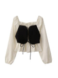 Women Shirts And Blouses Korean Style Harajuku Fashion Kawaii Square Collar Long Sleeve Patchwork Shirt Top Clothes Summer