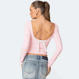 Pink Backless Bow Long Sleeve Top-Outfit
