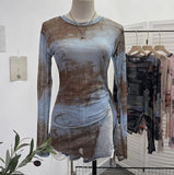 Tie-Dye-Print Net Yarn Jersey Long-Sleeved Top Irregularly T-Shirt With Thin Short T-Shirt