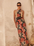Printed Halter Tassel Slim Women's Robes Elegant Backless Sleeveless Maxi Dress 2024 Summer Ladies Party Evening