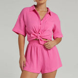 Tracksuits Short Sleeve Shirt With Mini Shorts Cotton And Linen Two Pieces Sets Ladies Outfits Blouses Fashion