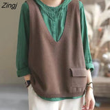 Vest Women V-neck Solid Pockets Loose All-match Autumn Fashion Korean Casual Свитер Женский Retro Simple Knitwear