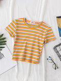 T Shirt Women Rainbow Striped Tops Slim Fit t shirt Harajuku Tshirt Summer Short Sleeve Korean T-shirt feminina Clothes
