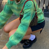 2021 Tie Dye Knitted Pullover Women O Neck Autumn Winter Green Y2K Casual Long Sleeve Oversized Sweater Jumper