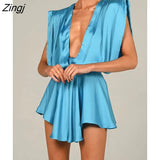 Deep V Neck Satin Dresses Women 2023 Spring Sexy Sleeveless Elegant Blue Robe Solid Backless Bodycon Mini Dress