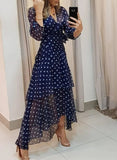 Women's Wear Spring And Autumn Wave Point Irregular Printing V-Collar Long Dress Women's