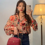 Long Sleeve Women Blouse Chiffon Blouses Female Shirts Tops Floral V-Neck Loose